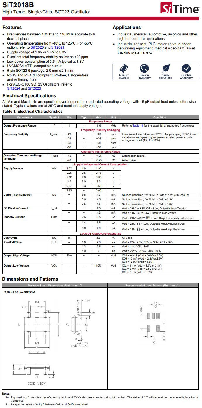 SOT23振荡器SiT2018B规格书