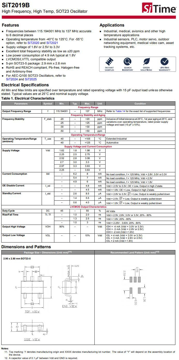 SOT23振荡器SiT2019B规格书