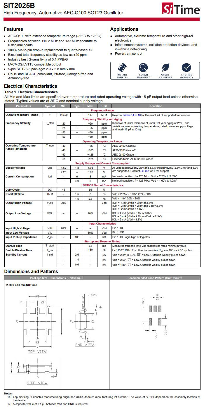 车规级振荡器SIT2025B规格书